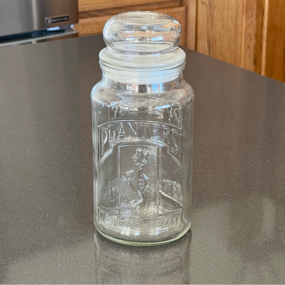 Planters Peanuts Vintage 1981 75th Anniversary Glass Canister Storage Jar Lid